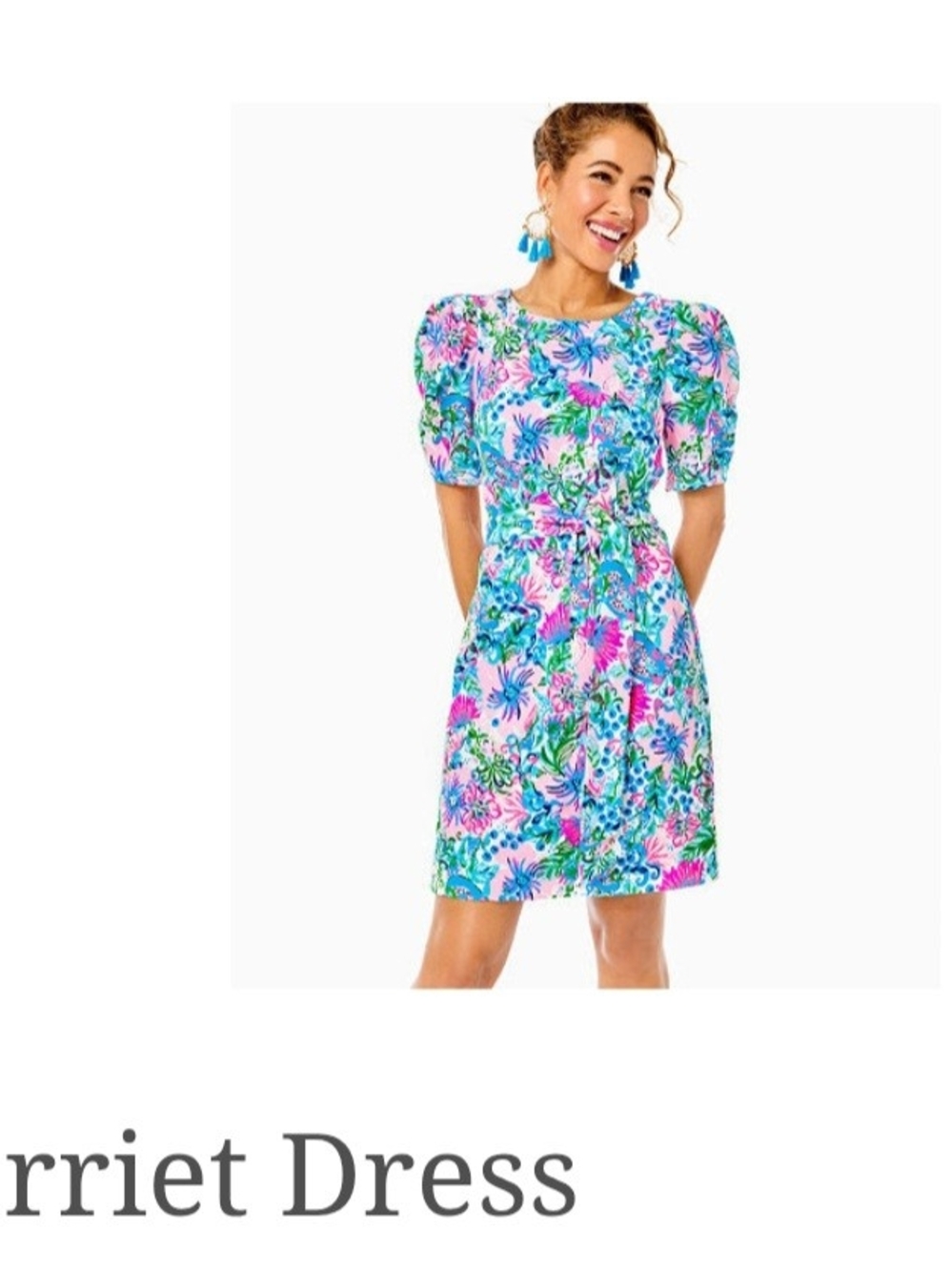 Lilly Pulitzer Tropical Puff-Sleeve Mini Dress - Pink, Blue & Green L